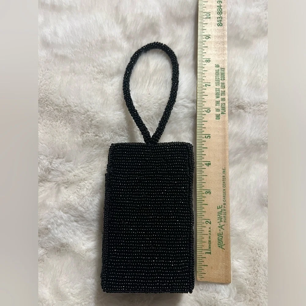BEADED black cosmetic rectangle cosmetic/ evening mini bag with built in mirror